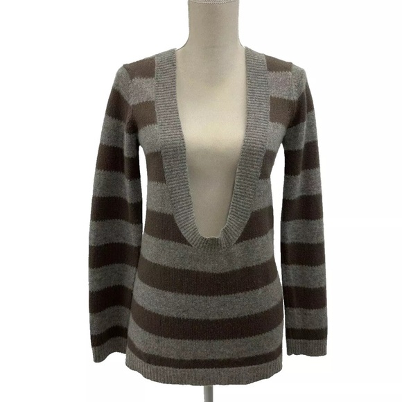 Theory 100% Cashmere Sweater MEDIUM Gray Brown Striped Deep V Neck Bohemian - Picture 1 of 6